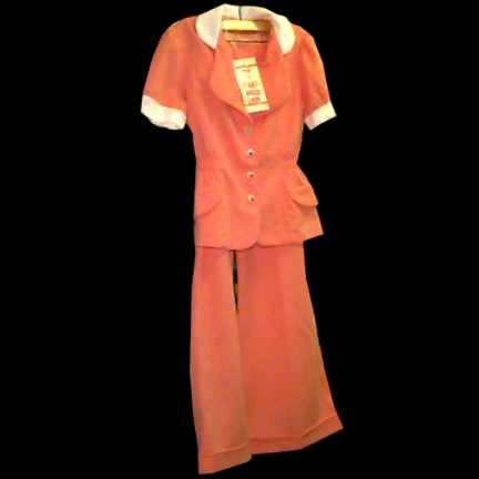 Peach Bell Bottom Stretch Slacks with Matching Top with White Collar Short Sleeve with Stretch Waist