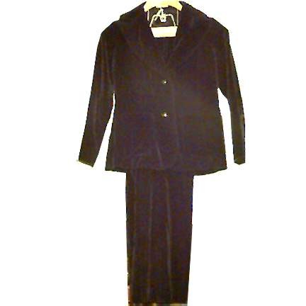 70's Black Cotton Velvet Wide Collar Pant Suit with Belled Slacks
