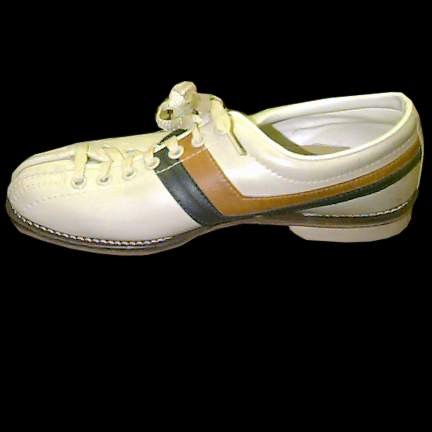 Striker White with Blue and Tan Stripe from Ankle to Back Bowling Shoes with Crossed Pins on Bottom of Heel