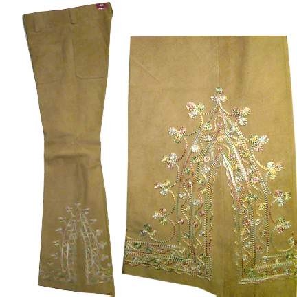 Tan Suede with Ornate Multicolor Stitched Pattern on large Bell Bottom Legs Women's Pants