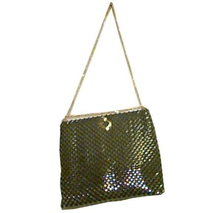 Whiting Davis Black Metal Octagonal large Disc Purse with Gold Open Circle Pulls on Either Side Tension Closed and Gold Chain