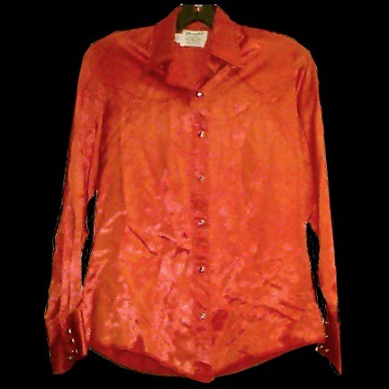 Wrangler Woman's Red Satin Look Acetate Long Sleeve Western Shiny Shirt with Red Stone Snaps Pointed Shoulder Panels