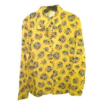 White Stag Yellow with Tapestry Look Groups of Blue Flowers with Smaller Orange Flowers and Green Leaves Long Sleeve Blouse