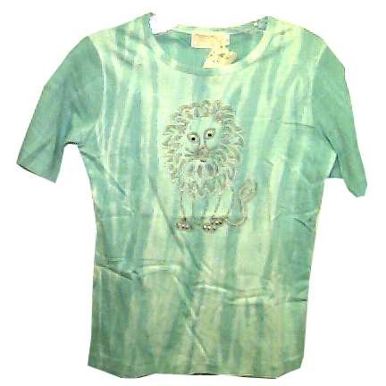 100% Cotton Streaked Green with Studded and Decorated Lion with Google Eyes Front T shirt Deadstock with Tag