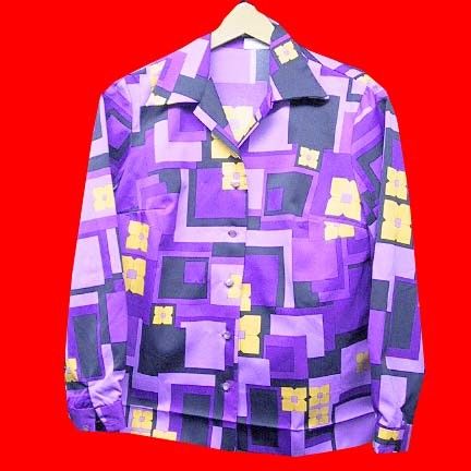 Pykettes Purple tones with Bright yellow and Black mod block pattern long sleeve blouse