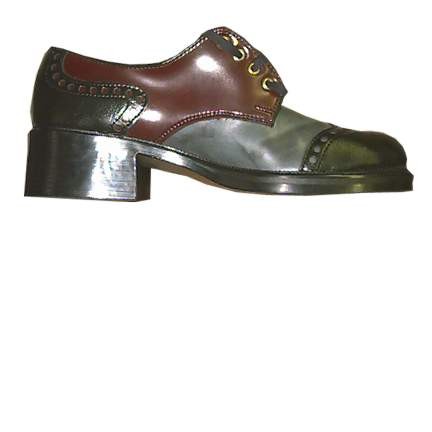 Sandy Mcgee Grey Base with Black Wing Tip Edge Cut Toe and Heel Panel and Red Ankle to Heel Panel Man's Platform Shoe in box