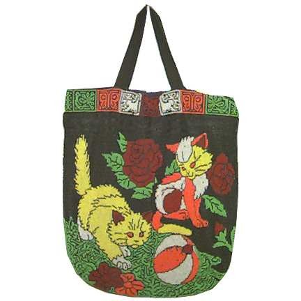 Neon Beaded Kittens Playing with Ball Pull String and Handle Carry Bag Purse