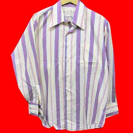 Manhattan Custom Limited Creme with two groups of Blue Red and Salmon horizontal lines long sleeve shirt