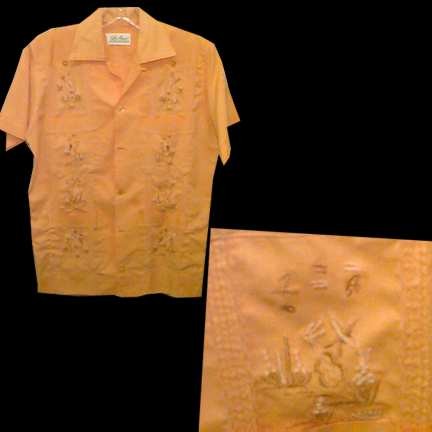 La Aguja Nicaragua Orange with Scenic Desert Design Stitch Guayabera
