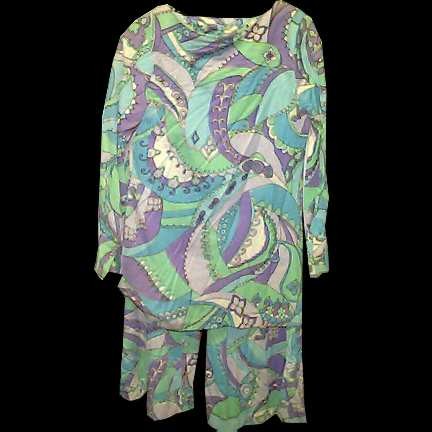 Pucci Like Swirled Wedges of Purple Green Blue Scattered Flowers and Flourishes Scoop Neck Long Sleeve Matching Bell Bottoms