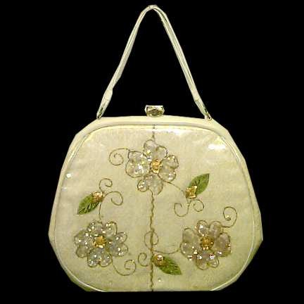 Claire Fashions White with Tan Textured Cloth Background with Sequin Metal Pieces and Gold Thread 3 Flowers on Vine Sealed Purse