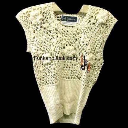 Leroy Knitwear Crochet Top with Raised Flowers Over Stretch Waist Sleeveless Blouse Deadstock