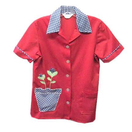 Sears Orange Red with Blue Calico Check Collar Sleeve Trim and Single Waist Planter Looking Pocket Short Sleeve Blouse