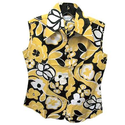 Judy Bond Black with large Mod Like Yellow Paths with Yellow Black and White Combination Flowers Curved Sleeveless