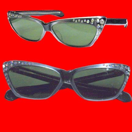 Shiny silver with clear and Pink inset Rhinestones slightly cats eyed French 50's sunglasses with shiny Pink case