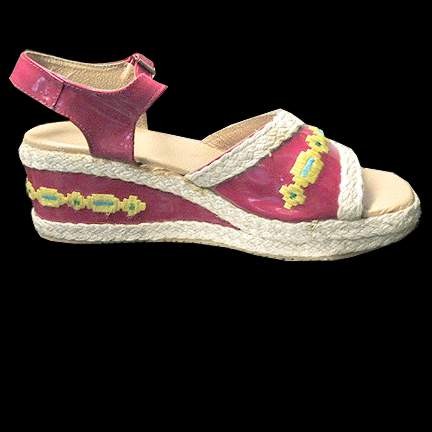 Wedge Heel with Hemp Coil Edging and Red Vinyl Insets with Stitched Blue & Yellow Block Chain Deadstock Sandals in box