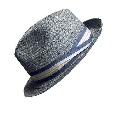 Hopkins Fifth Avenue Grey Straw with Two Tone Blue Yellow and Rust Varied Width Stripped Band Man's Summer Hat