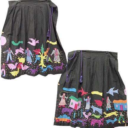 Black with Patchwork Boys and Girls with Oversized Animals Stitched in Multiple Colors All Hand Done Folksy Skirt