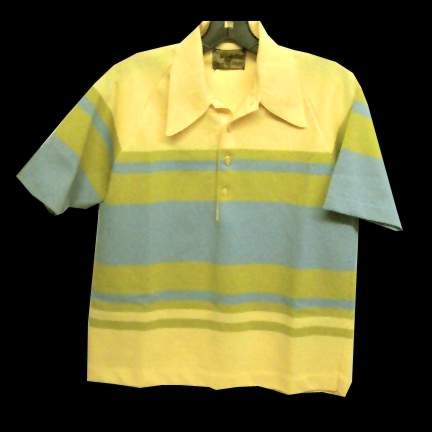 Van Heusen Double Knit Yellow with Blue and Green Combined Horizontal Bars Banlon Short Sleeve Deadstock