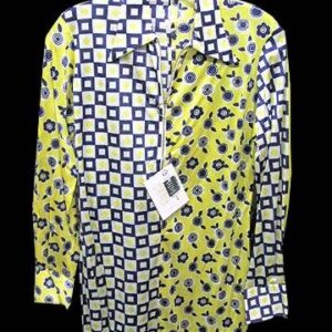 Adelaar Yellow with Blue Mod Bullseyes and Flowers with Center Squares and Yellow Diamonds Checkerboard 70s Collar Long Sleeve