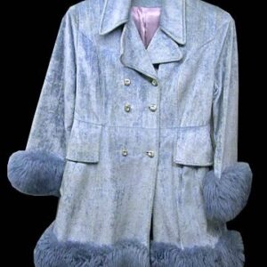Blue Faux Crushed Velvet with Blue Faux Fur Cuff and Hem Trim 3/4 Coat