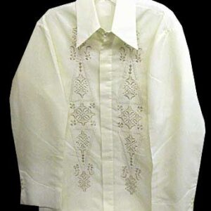 Very Light Yellow with Tan Triangular Wedges with Stars Long Vented Edge Cuffs and Covered Button Panel Long Sleeve Guayabera