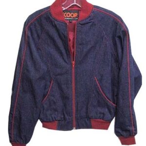 Scoop Blue Denim with Red Knit Waist and Cuff Along with Shoulder to Arm Beading and Piping Along Front Red Zipper Jacket