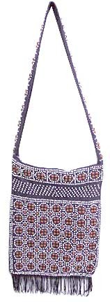 Blue Cloth with large Red Surrounded By Smaller White Beaded Purse with Blue Hippy Fringe Bottom Shoulder Bag with Zipper Top