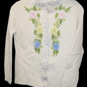 Ann Robin White Thick Stitched Pink Yellow and Blue Flowers and Blue Dots Button Front Cardigan Womans Sweater