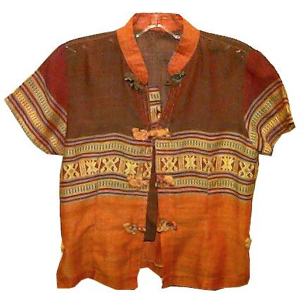Oriental Knot Tie Stitched Panel Sheer Blouse Short Sleeve