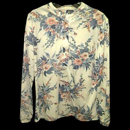 Alex Coleman White with Peach Colored Blossoms on Groupings of Blue Leaves and Smaller Flowers Long Sleeve with Straight Collar