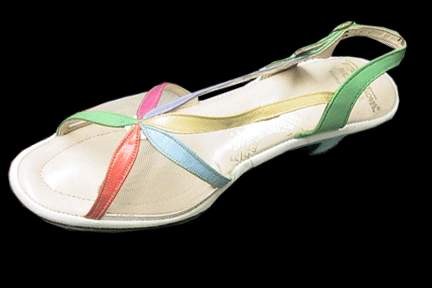 Revelations Blue Stubby Wedge Heel Sandal with Multi Color Straps Meeting at Top of Foot in Star