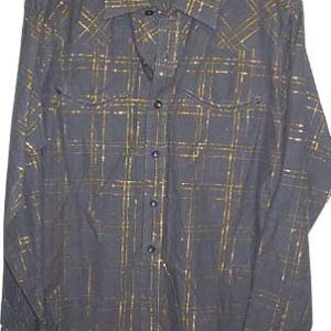 Campus Rugged Wear Black with Metallic Gold Open Plaid Overlay with Curving Smile Pockets Western Style Long Sleeve