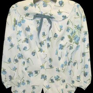 Rhoda Lee White with Two Tone Blue Flowers on Green Stems 3/4 Sleeve with Removable Bow