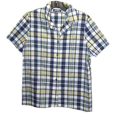 Petites By Attitude Yellow Blue and White Wide Plaid Short Sleeve