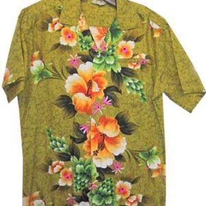 Reef Green with Lines with large Orange and Smaller Pink Flowers