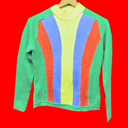 Number One Sun 70's Green with rainbow design in Orange yellow and Blue from waist opening to shoulder sweater