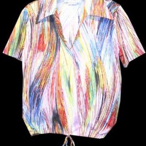 Teddi of California Multi Color Different Direction Crayon Lines Short Sleeve V Neck with Draw String Waist