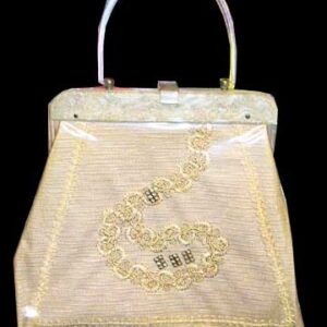 Siran original Gold Vinyl with Rope and Rhinestone Curving Design Sealed Purse with Marbled White Lucite Bar and Clear Handle