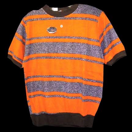 Woodward and Lothrop Orange with White Speckled Brown Horizontal Bars and Brown Waist and Cuff Trim Short Sleeve Deadstock