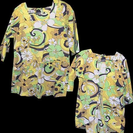 East West Fashions Yellow with Fully Black Yellow Green Swirls with Mod Flowers Open Knot Back Waist Pocket Smock Short Sleeve