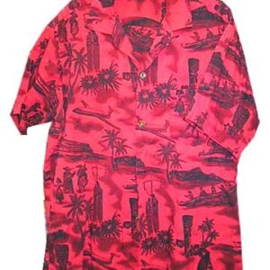 Made in Hawaii (Ala UiMaikai) Red with Ocean Liners Jets Band and Hula Girl Greeters Outriggers Tikis Etc. with Coin Buttons