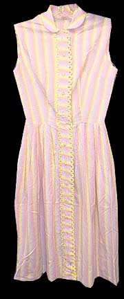 Pink and Yellow Verticals with Raised Bumps and Yellow Rounded Edge Button Front Panel Sides Sleeveless Dress