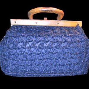 Italian Cloth with Blue Macrame Like Cover and Wood Bar Closure and Handle Purse