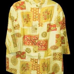Union Label Patchwork Pattern with Lotus Trees Flowers Etc. 3/4 Sleeve Nauru Collar Blouse