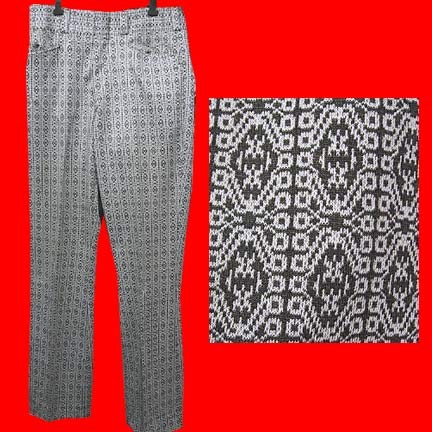 Jantzen double knit Brown with pattern of White medallions surrounded by White edge circles vertical bar design slacks