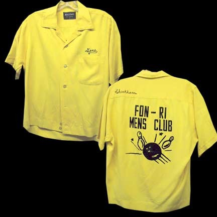 King Louie Yellow Stitched Gene with Applied Felted Fon Ri Mens Club with Ball and Pins Gabardine Bowling Shirt
