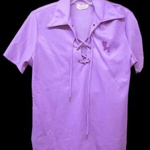 Polyknit Purple with Raised Purple and White Flocked Dog Chest Patch and Lace Front Closure Short Sleeve Blouse