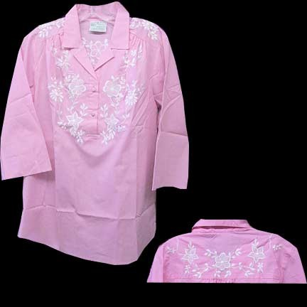 Caro of Honolulu Pink with Intense White Embroidered Flowers and Vines Roll Short Sleeve