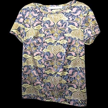 The Villager Blue with Swirled Brown Pods with Rust Leaves Cropped Sleeve Round Neck